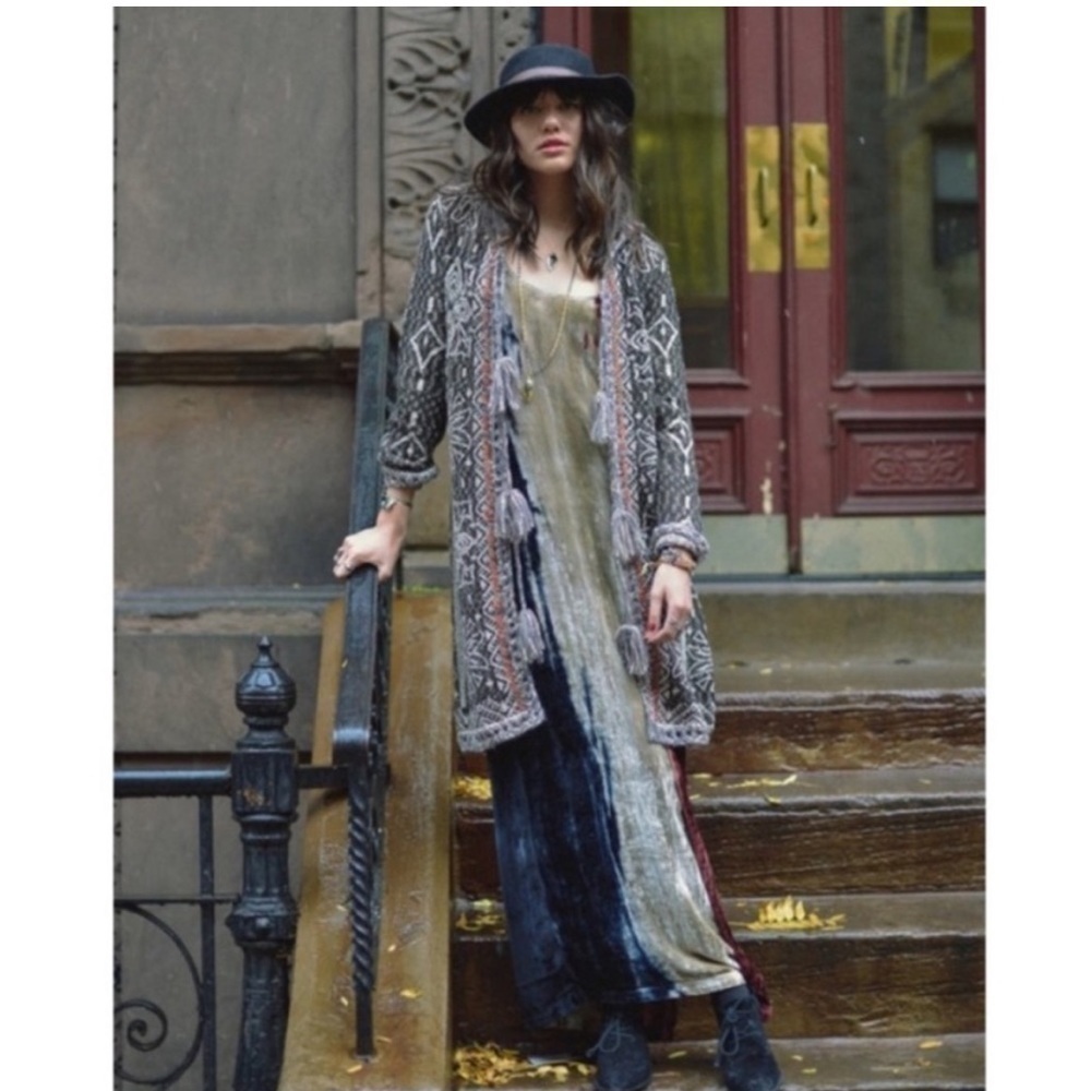 Free People Kai Tassel Pom Pom Tapestry Hooded Long Cardigan Sweater XS